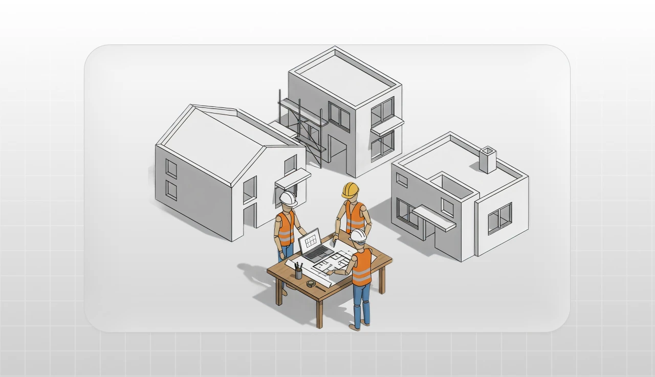Profissionais de construção civil realizando scan to bim em projeto arquitetônico digital de casas modernas para planejamento eficiente na construção.