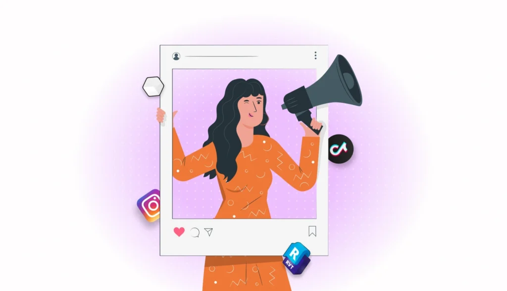 Ilustração de uma mulher segurando um megafone, cercada por ícones de redes sociais como Instagram, TikTok e Facebook, representando estratégias de marketing para arquitetos.
