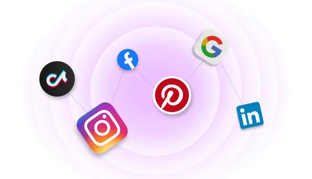 imagem com ícones de redes sociais como Instagram, Facebook, Google, LinkedIn, TikTok e Pinterest, representando estratégias de marketing para arquitetos.