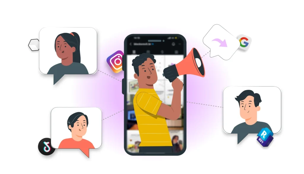 Imagem ilustrativa de estratégias de marketing digital para arquitetos, com foco em redes sociais como Instagram, TikTok e Google, mostrando uma pessoa usando telefone para promover projetos de arquitetura.