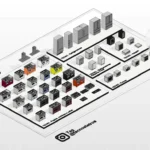 Imagem detalhada de componentes de tecnologia e tecnologia de blocos, incluindo diferentes unidades de hardware e circuitos, ideal para entender a estrutura da tecnologia de blocos.