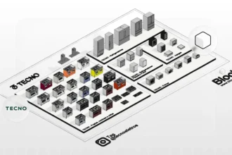 Imagem detalhada de componentes de tecnologia e tecnologia de blocos, incluindo diferentes unidades de hardware e circuitos, ideal para entender a estrutura da tecnologia de blocos.