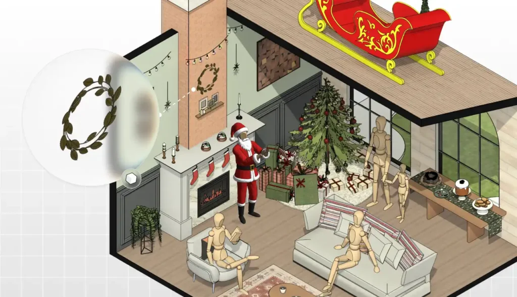 Decoração de Natal em sala de estar com árvore decorada, Papai Noel, presentes, sofá e detalhes festivos. Ambiente acolhedor para festas natalinas.