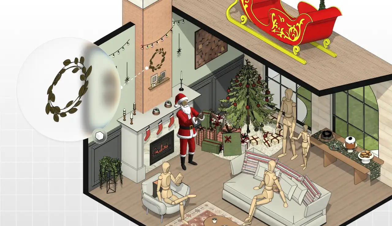 Decoração de Natal em sala de estar com árvore decorada, Papai Noel, presentes, sofá e detalhes festivos. Ambiente acolhedor para festas natalinas.