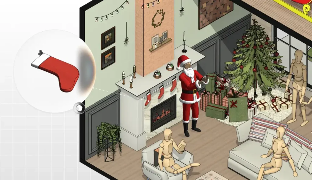 Decoração de Natal na sala de estar com Papai Noel, árvore natalina e gifts, ambiente aconchegante e festivo para celebrar o Natal em casa.