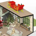 Decoração de Natal em sala de estar moderna com árvore natalina, Papai Noel, presentes, sofá, lareira e detalhes festivos.