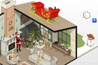 Decoração de Natal em sala de estar moderna com árvore natalina, Papai Noel, presentes, sofá, lareira e detalhes festivos.