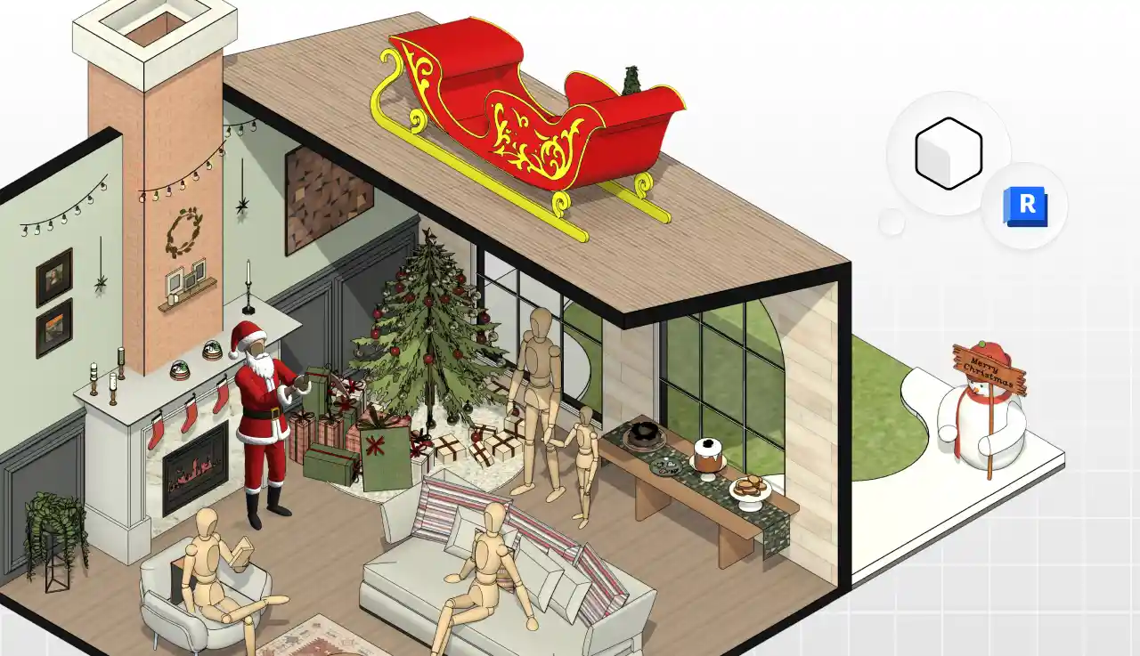 Decoração de Natal em sala de estar moderna com árvore natalina, Papai Noel, presentes, sofá, lareira e detalhes festivos.