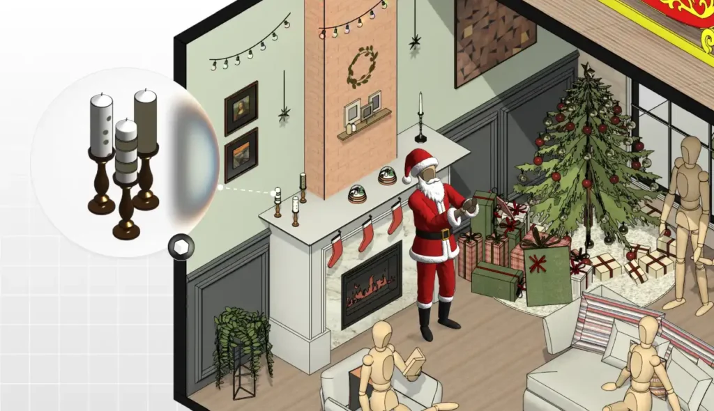 Decoração de Natal com árvore decorada, Papai Noel entregando presentes e ambiente aconchegante em sala de estar.