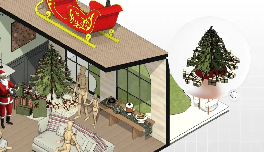 Decoração de Natal com árvore decorada, Papai Noel, presentes e fantasia de Natal na sala de uma casa, criada em ambiente virtual com detalhes festivos.