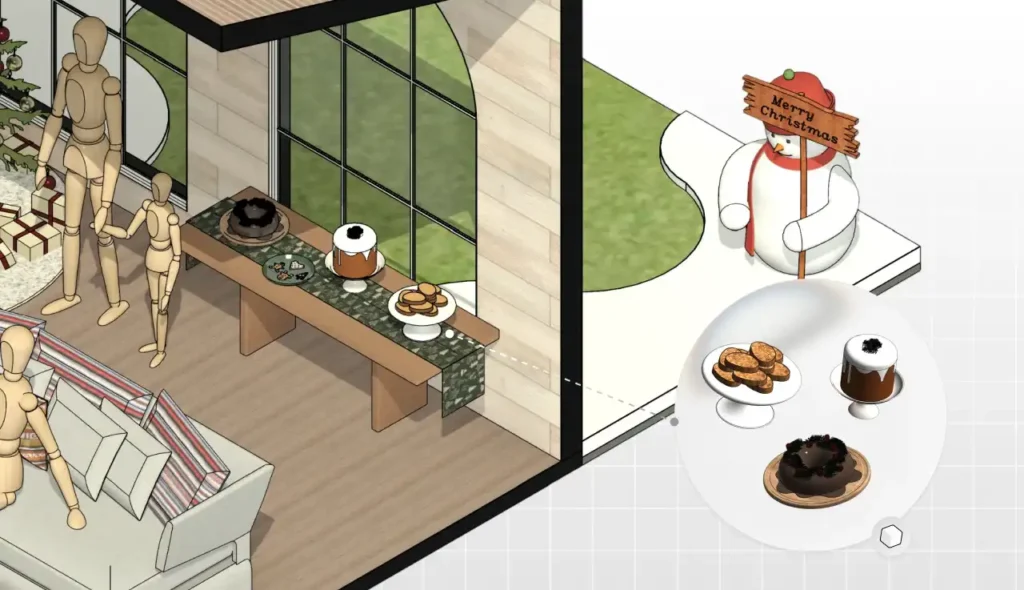 Decoração de Natal com mesa de doces e boneco de neve, ambiente aconchegante e festivo para o Natal, ideal para comemorar com amigos e familiares.