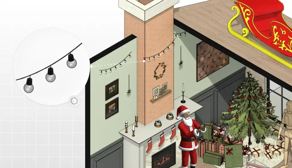 Decoração de Natal com árvore decorada, Papai Noel e presentes em ambiente festivo com luzes e enfeites natalinos.