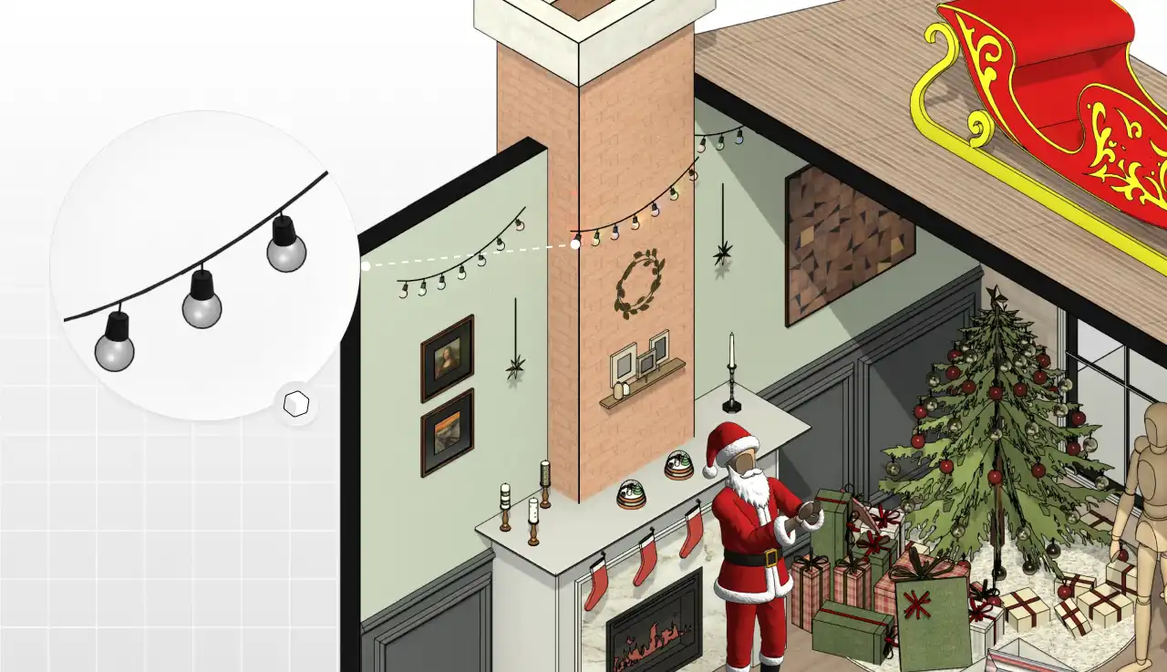 Decoração de Natal com árvore decorada, Papai Noel e presentes em ambiente festivo com luzes e enfeites natalinos.