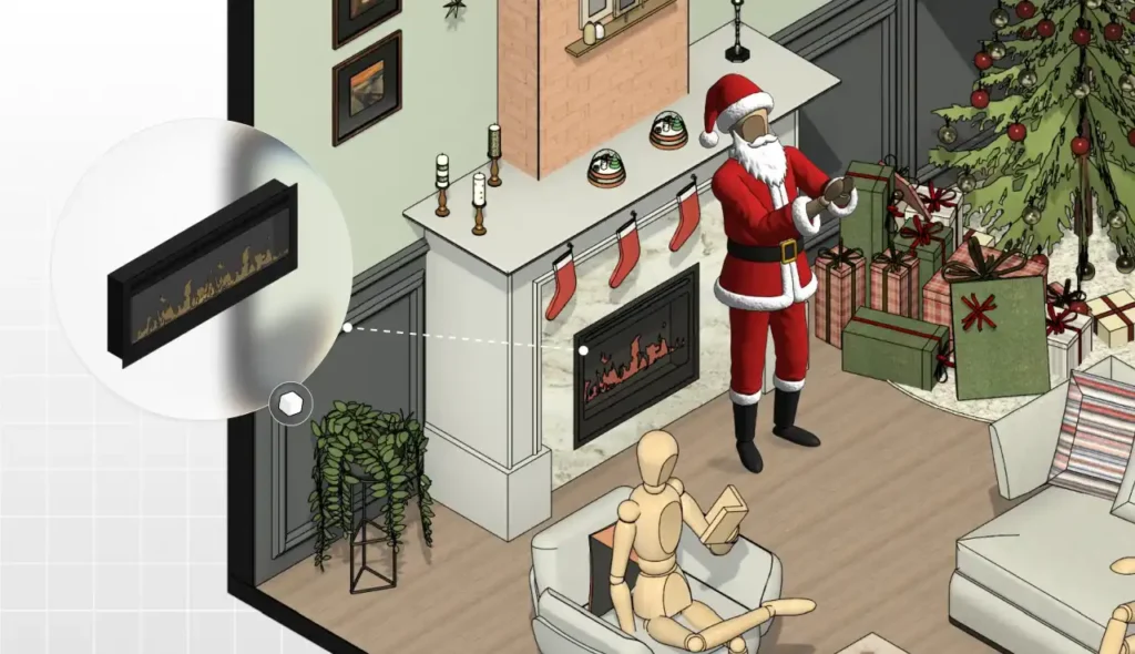 Decoração de Natal com Papai Noel, árvore natalina, presentes, lareira decorada, sala aconchegante e detalhes festivos natalinos.