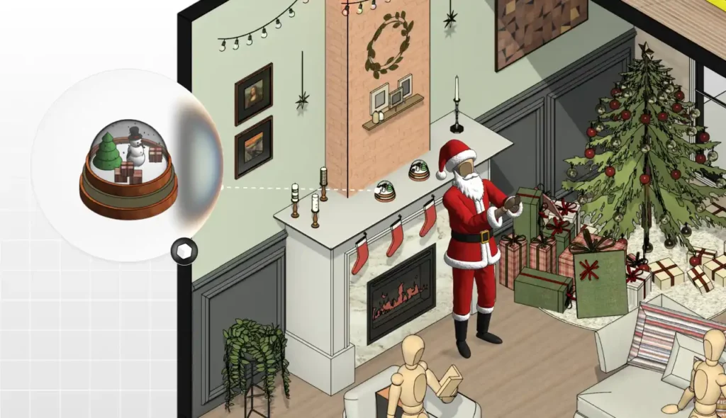 Decoração de Natal em uma sala festiva com árvore de Natal, presentes, Papai Noel e enfeites coloridos, criando um ambiente aconchegante e natalino.