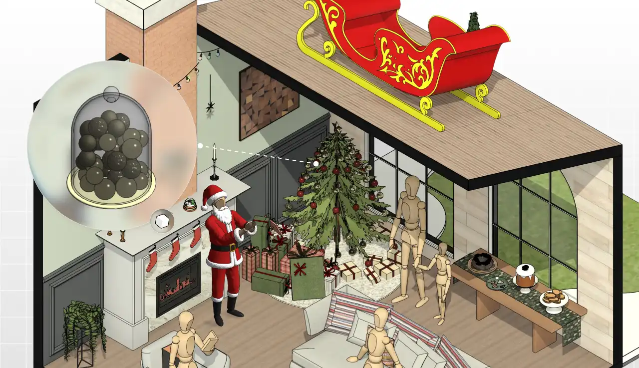 Decoração de Natal com árvore enfeitada, presentes, papai Noel e ambiente festivo em sala de estar aconchegante.