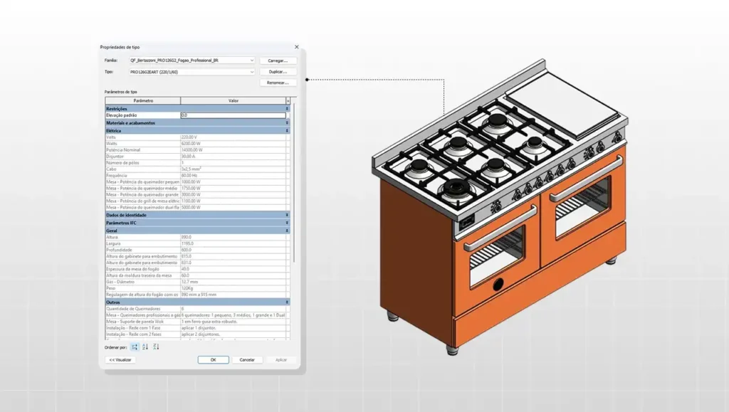 Imagem de fogão industrial com cinco bocas e forno, ideal para cozinhas comerciais e industriais, com detalhes técnicos visíveis ao lado.