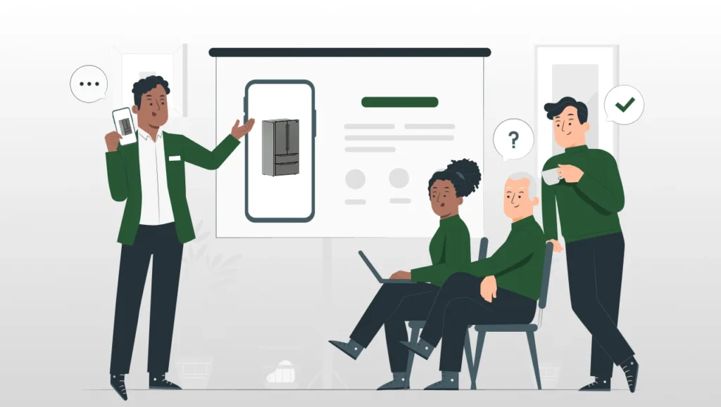 Ilustração de três pessoas participando de uma reunião ou apresentação, com uma delas explicando o funcionamento de uma geladeira através de um celular, ideal para conteúdos sobre inovação e tecnologia em eletrodomésticos.