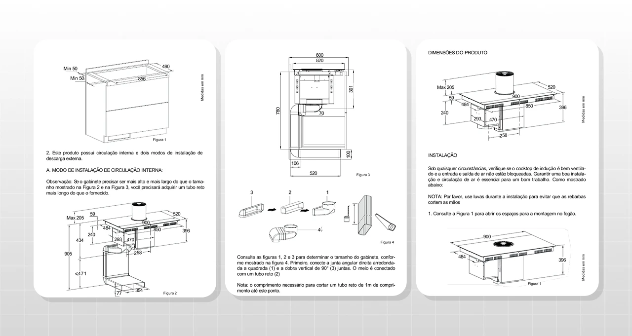 Imagem detalhada do manual de instalação e montagem de uma coifa ou exaustor de cozinha, com diagramas, medidas e instruções passo a passo.