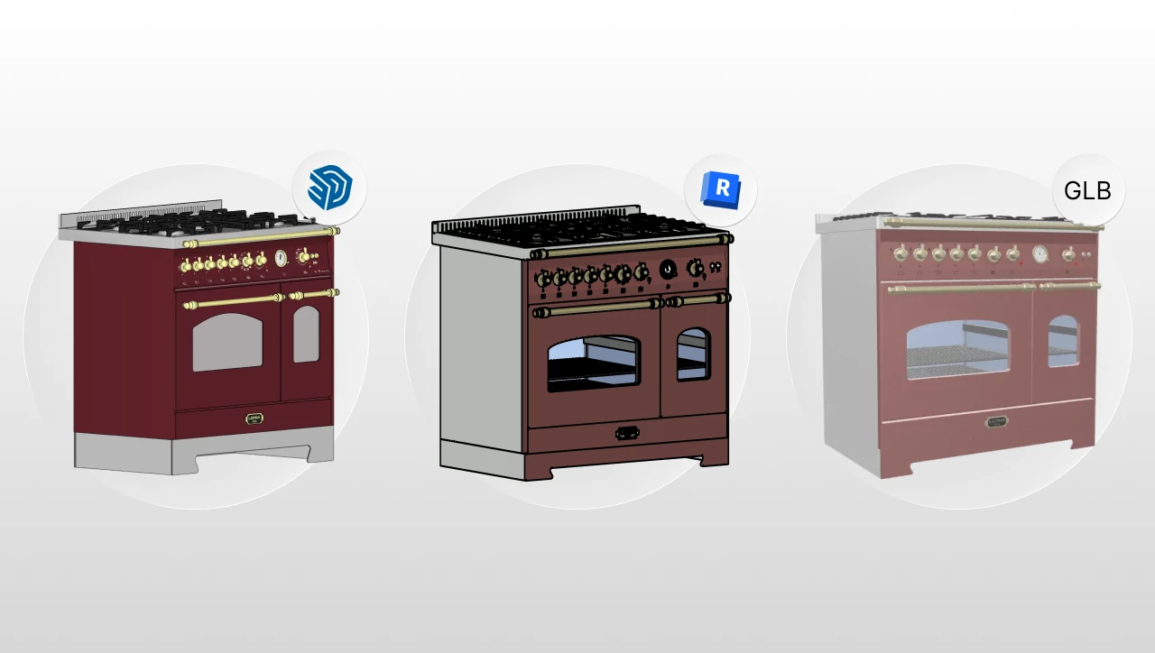 Três fogões modernos de diferentes cores e estilos, com detalhes de botões, bocas de gás e portas de vidro, destacados para decoração de cozinhas.