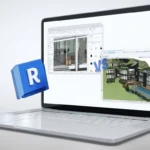 Comparação entre arquivos do Archicad e Revit em um laptop, demonstrando ferramentas de modelagem 3D e detalhamento arquitetônico.