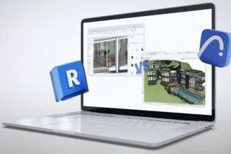 Comparação entre arquivos do Archicad e Revit em um laptop, demonstrando ferramentas de modelagem 3D e detalhamento arquitetônico.