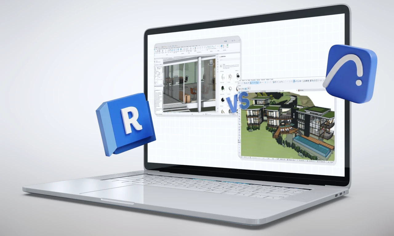Comparação entre arquivos do Archicad e Revit em um laptop, demonstrando ferramentas de modelagem 3D e detalhamento arquitetônico.