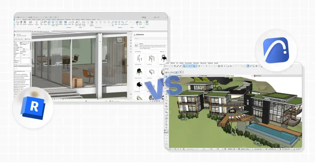 Comparação entre imagens de projetos arquitetônicos utilizando Archicad e Revit, destacando as funcionalidades e vantagens de cada software de modelagem 3D para arquitetura e engenharia.