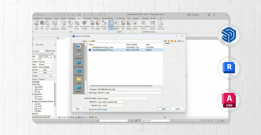 Imagem mostrando uma tela de software Revit com opções de importação de arquivos CAD, ideal para quem busca entender o que é Revit e suas funcionalidades.
