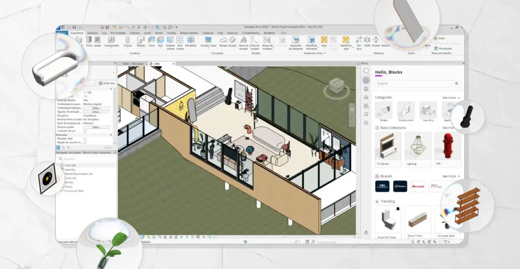 Imagem demonstrando o que é Revit, software de modelagem 3D para projetos de arquitetura e construção, com detalhes de ferramentas, modelos e design de interiores.