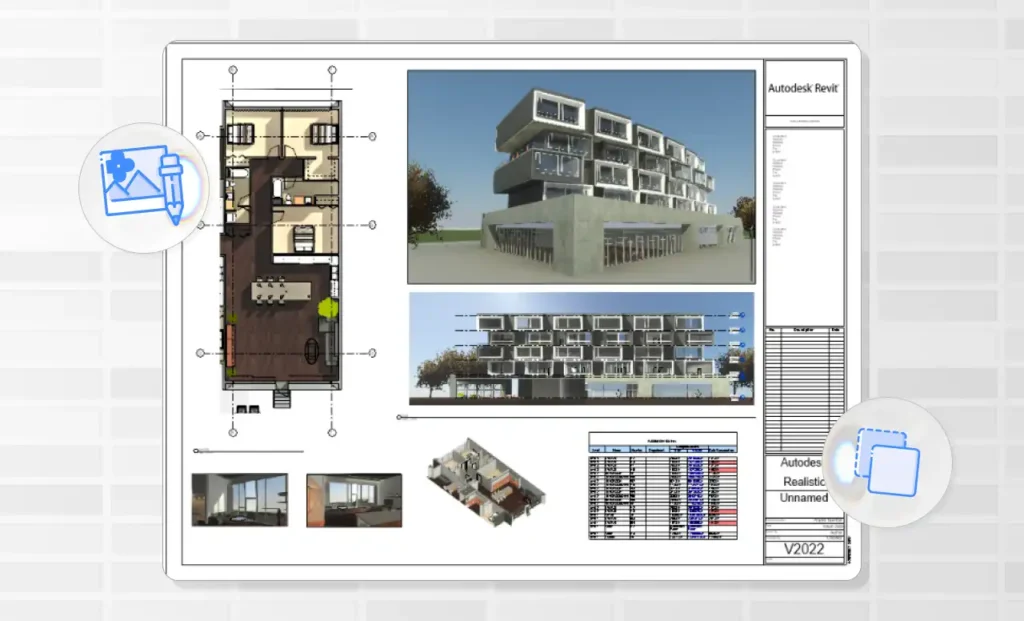 Imagem de projeto arquitetônico criado no Revit, destacando plantas, visualizações 3D e detalhes técnicos de um edifício moderno.