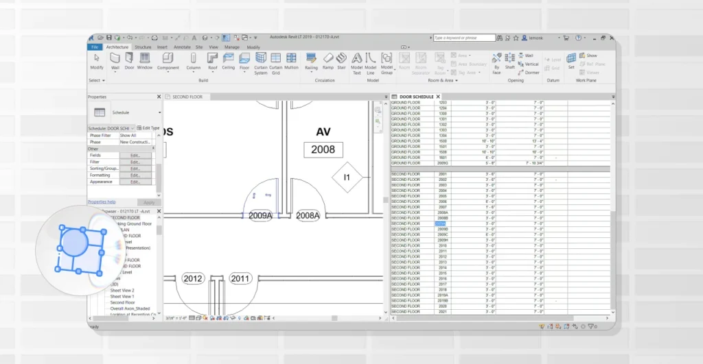 Imagem de um projeto arquitetônico no Revit, mostrando detalhes de plantas e paredes em um software de modelagem BIM.