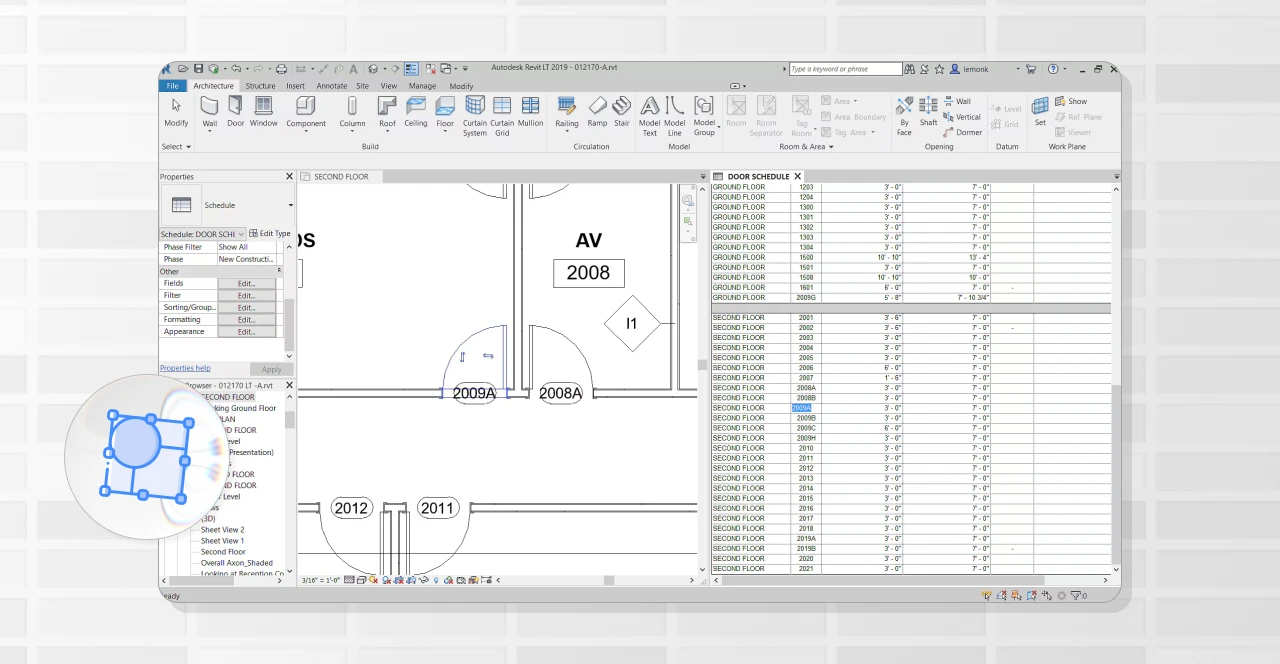 Imagem de um projeto arquitetônico no Revit, mostrando detalhes de plantas e paredes em um software de modelagem BIM.