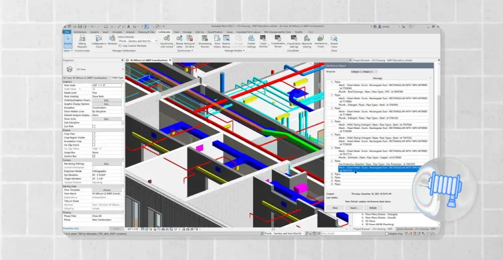 Imagem de um projeto arquitetônico no software Revit, mostrando detalhes de instalações elétricas, hidráulicas e estruturas em um ambiente digital.