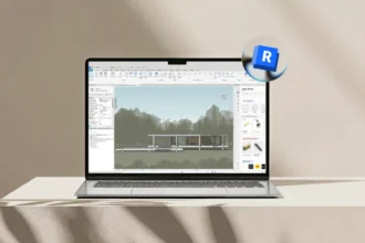Laptop exibindo o programa Revit com uma planta arquitetônica, evidenciando o que é Revit na modelagem de projetos de construção e arquitetura.