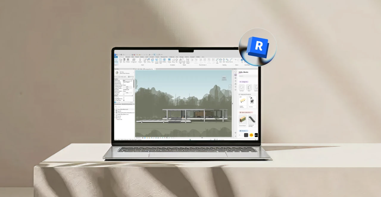 Laptop exibindo o programa Revit com uma planta arquitetônica, evidenciando o que é Revit na modelagem de projetos de construção e arquitetura.