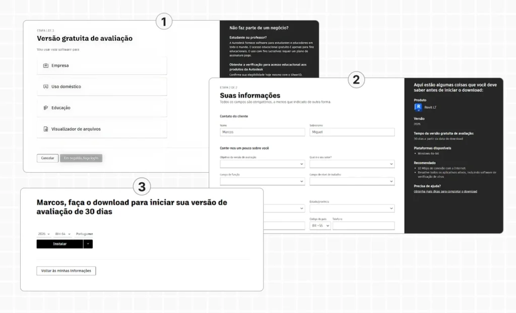 Imagem detalhada de uma interface de avaliação grátis do Revit LT, mostrando informações, instruções para download e uso do software.