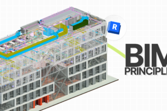 3D BIM building model in Revit showing structural and MEP systems with the text “BIM Principles”.