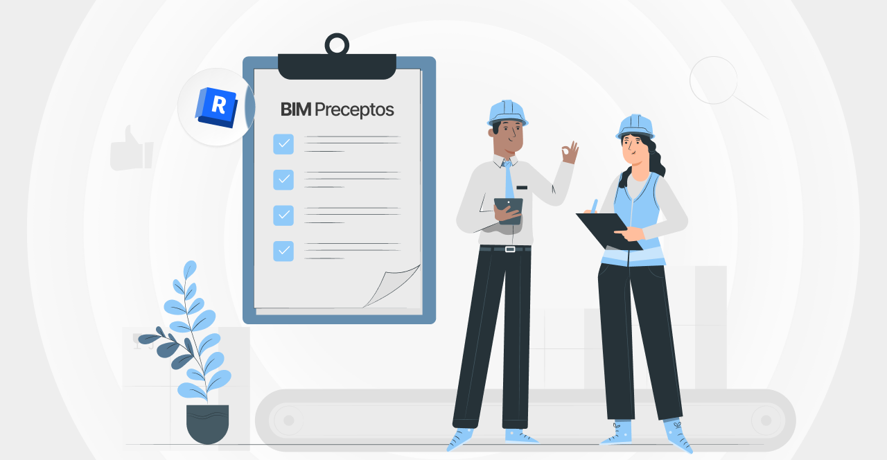 Ilustración de una lista titulada “Principios BIM” con ícono de Revit y dos ingenieros revisando estándares del proyecto.