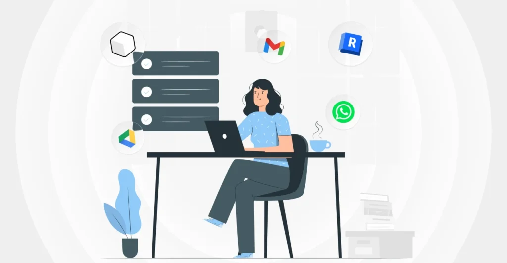 Ilustração de uma mulher trabalhando no computador com aplicativos de e-mail, gerenciamento de tarefas e comunicação, simbolizando os preceitos bim na rotina digital.