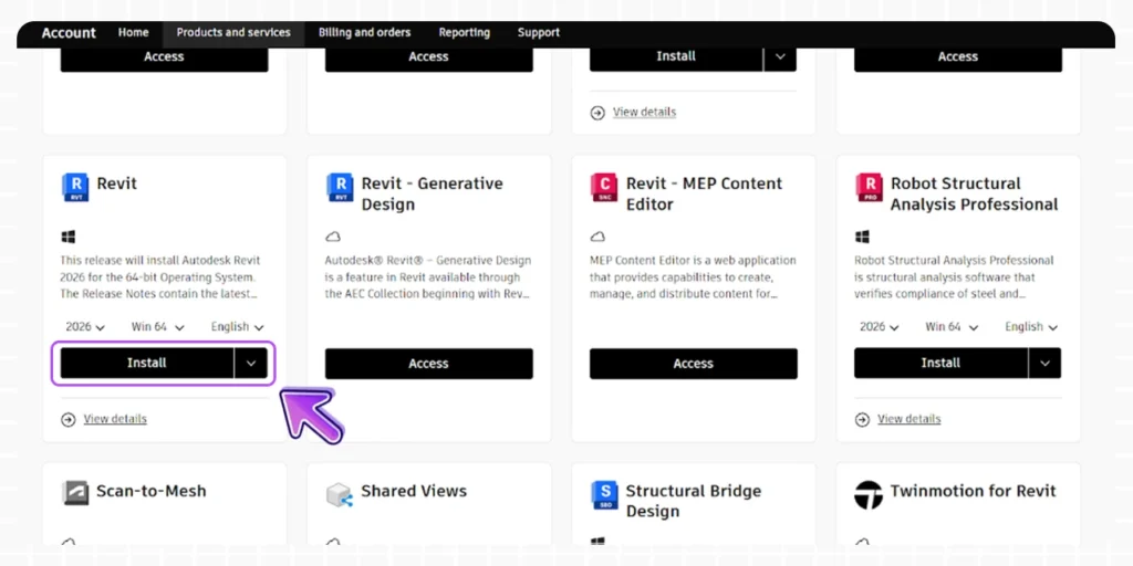 Imagem mostrando opções de instalação e acesso a produtos e serviços Revit LT, incluindo Revit Generative Design, Revit - MEP Content Editor e Robot Structural Analysis Professional, voltados para arquitetura, engenharia e análise estrutural.