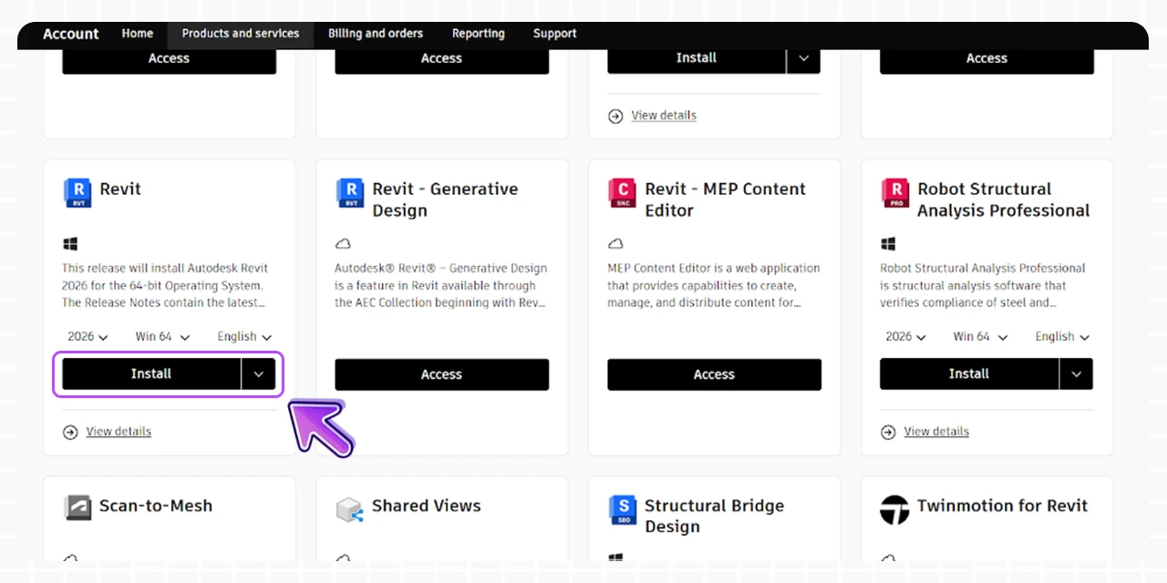 Imagem mostrando opções de instalação e acesso a produtos e serviços Revit LT, incluindo Revit Generative Design, Revit - MEP Content Editor e Robot Structural Analysis Professional, voltados para arquitetura, engenharia e análise estrutural.
