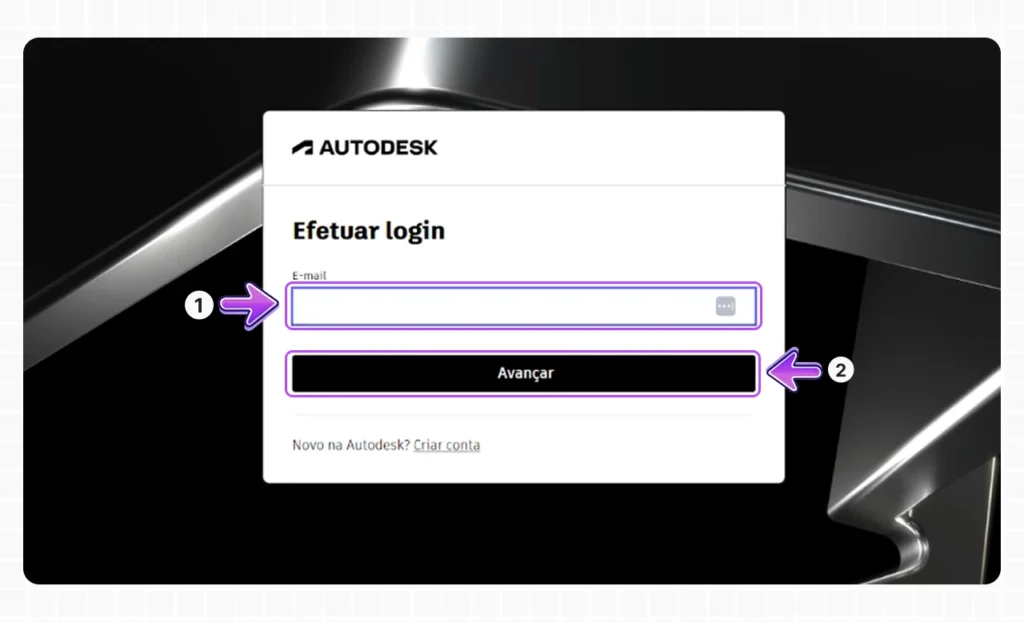 Tela de login do Autodesk Revit LT mostrando campos para email e botão avançar, essencial para projetos de arquitetura e construção.