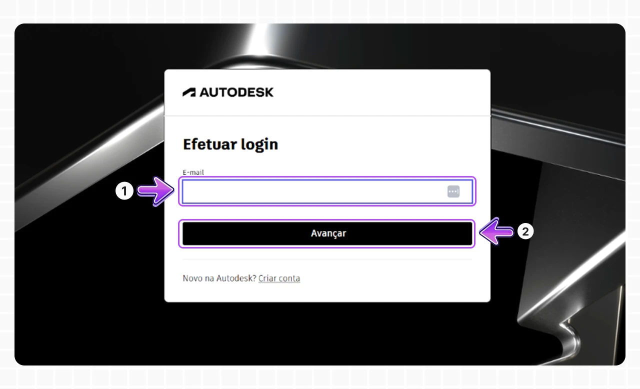 Tela de login do Autodesk Revit LT mostrando campos para email e botão avançar, essencial para projetos de arquitetura e construção.
