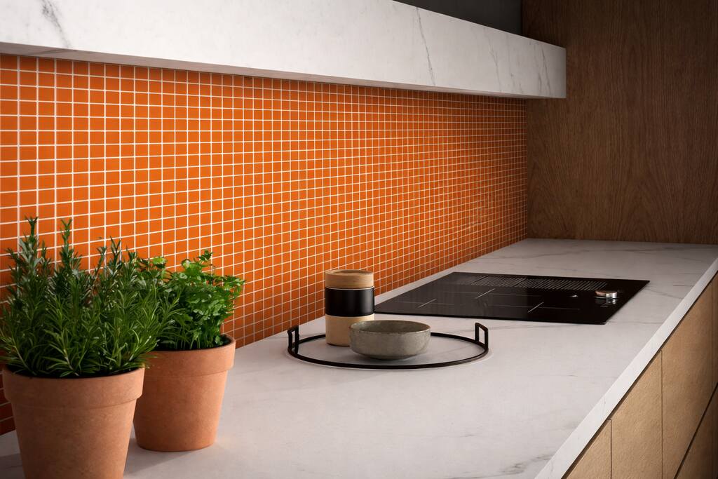 Pastilhas adesivas na cozinha representando reforma sem obra.