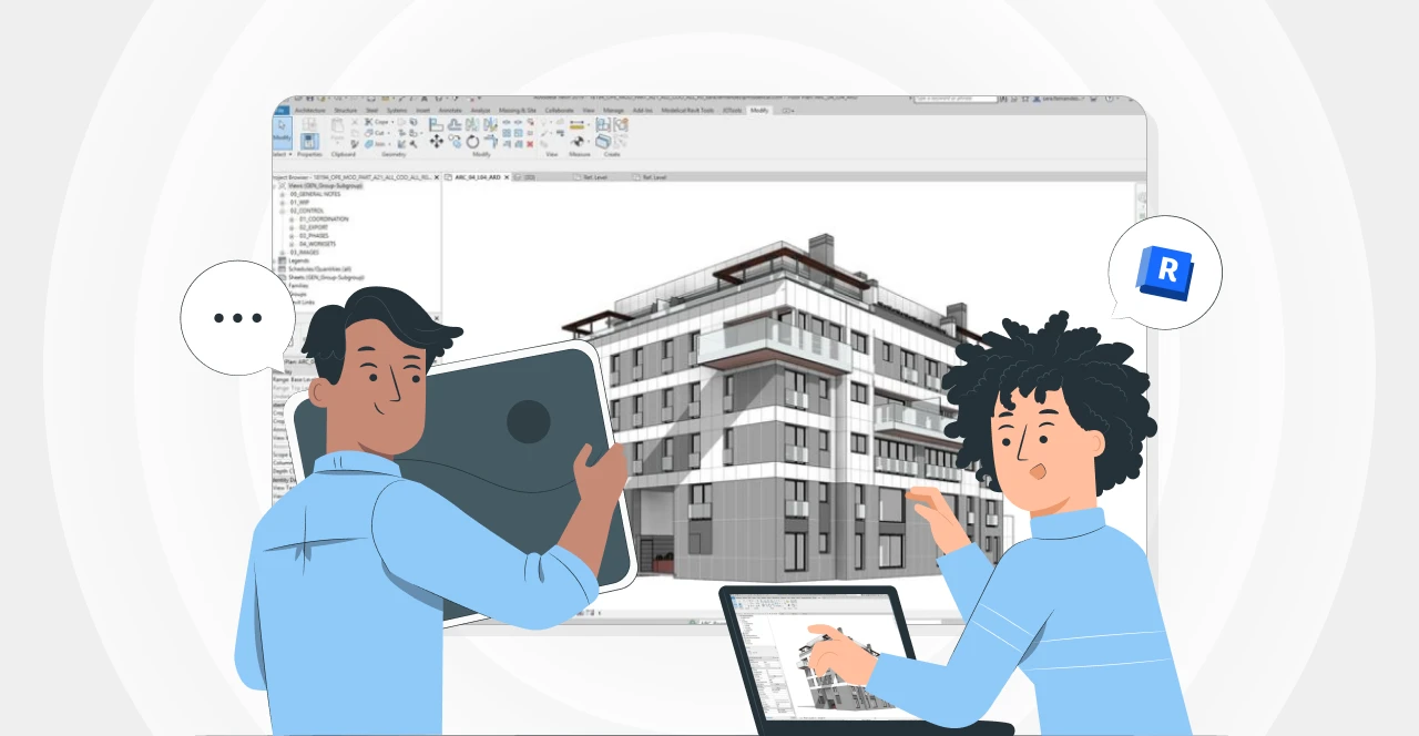 Ilustração de duas pessoas discutindo sobre preceitos BIM, com uma maquete de edifício e softwares de projeto no ambiente de trabalho, destacando a importância do BIM na arquitetura e construção.
