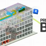 Imagem detalhada de uma estrutura de construção com foco nos preceitos BIM, destacando o uso de tecnologia e planejamento na construção civil.