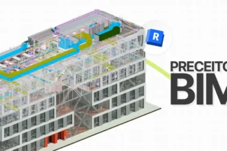 Imagem detalhada de uma estrutura de construção com foco nos preceitos BIM, destacando o uso de tecnologia e planejamento na construção civil.