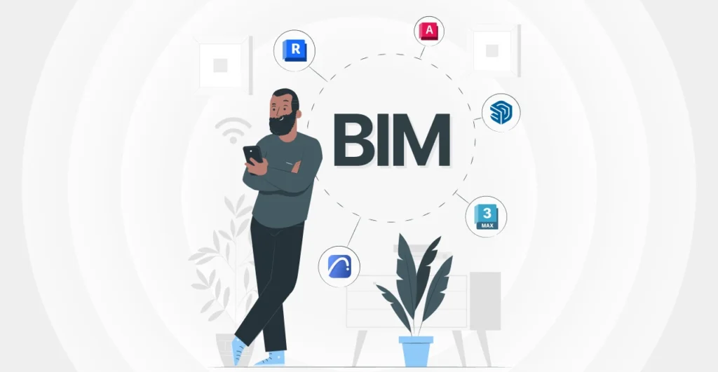 Ilustração moderna explicando os preceitos do BIM, com um homem visualizando informações no smartphone e símbolos representando diferentes aspectos do BIM.