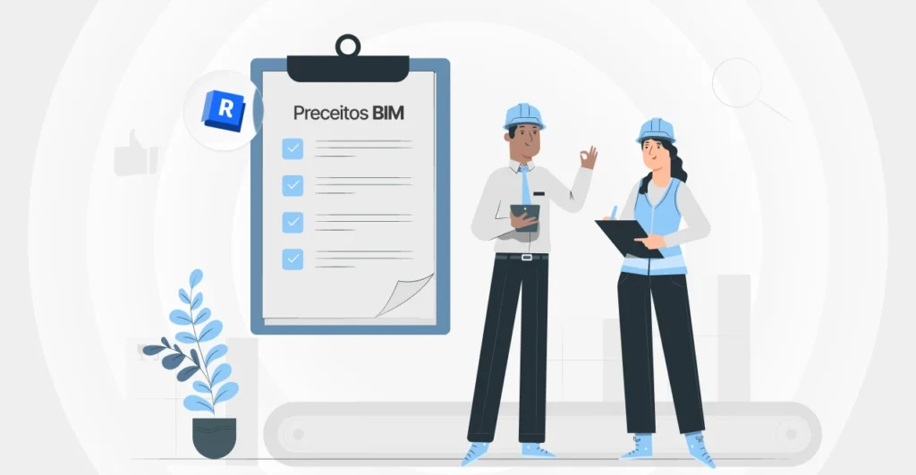 Ilustração de dois profissionais discutindo os preceitos BIM, com uma lista de preceitos BIM em destaque, destacando a importância do uso dessa metodologia na engenharia e construção civil.